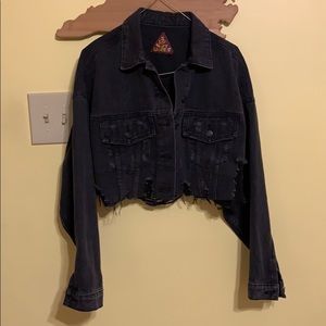 Distressed black cropped denim jacket